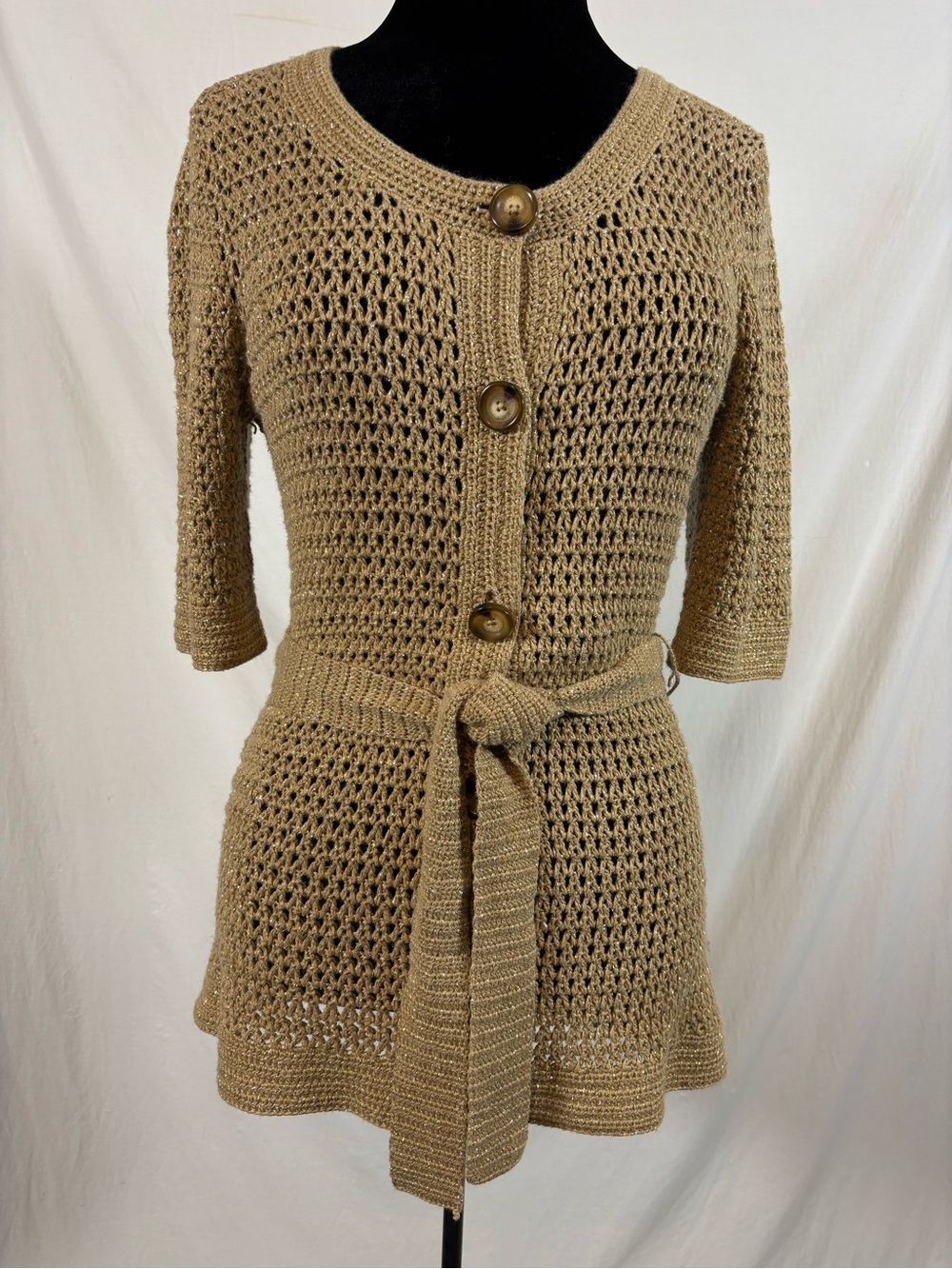 MICHAEL Michael Kors Gold Metallic Crochet Belted Cardigan Boho Glam Tunic M EUC
